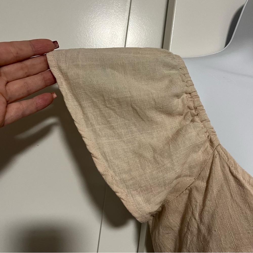 Tan Linen Mini Sun Dress Tie Front Ruffle Sleeves Line Size Small Spring Easter - Picture 6 of 10